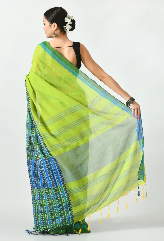 green multicolor border begumpuri khadi cotton saree