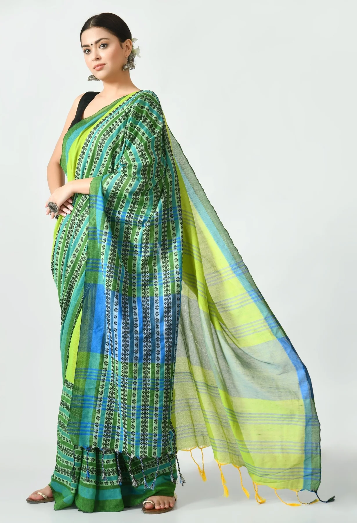 green multicolor border begumpuri khadi cotton saree