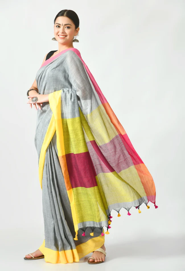 grey bengal mal cotton with contrast pallu and border saree