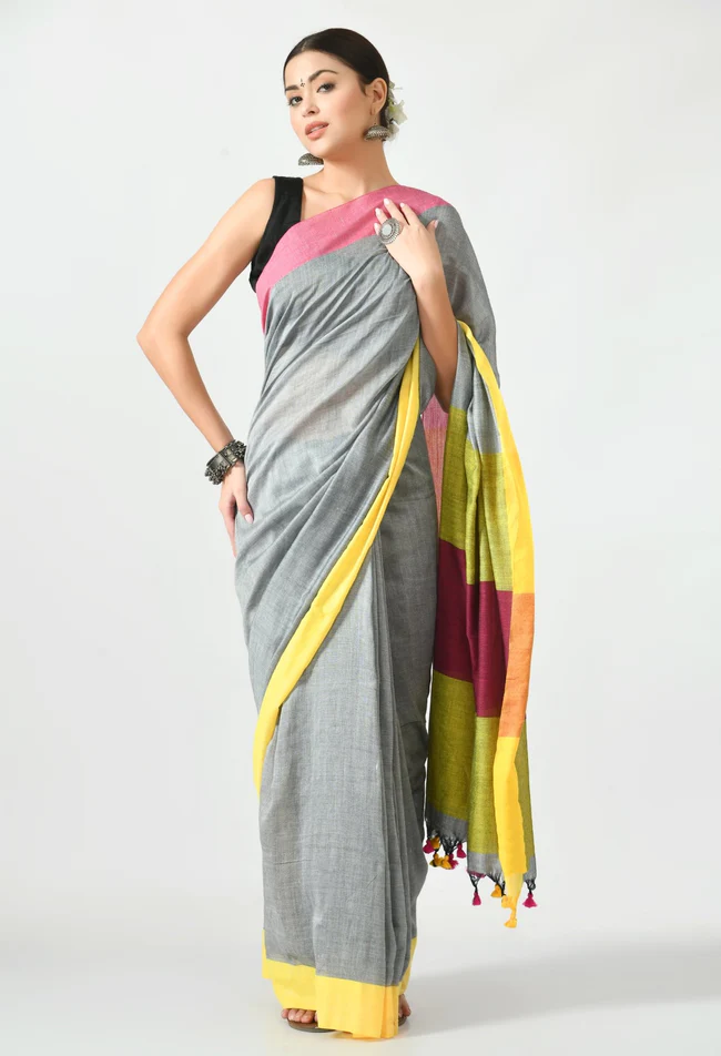grey bengal mal cotton with contrast pallu and border saree