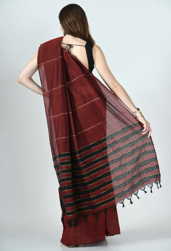 maroon black khesh saree with stripes