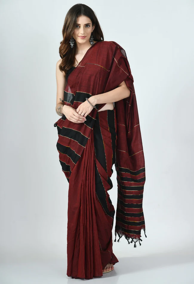 maroon black khesh saree with stripes