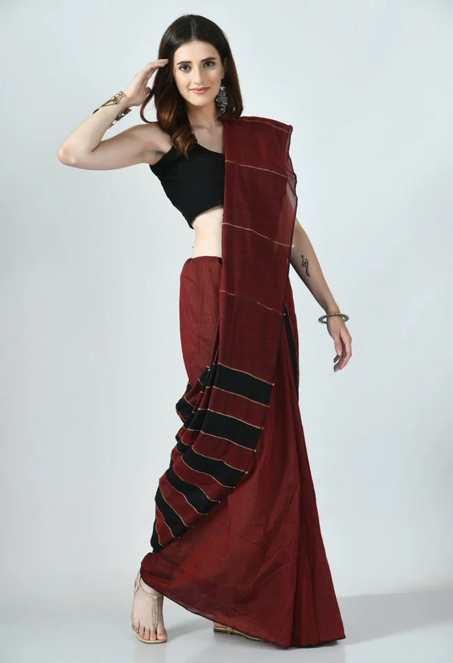 maroon black khesh saree with stripes