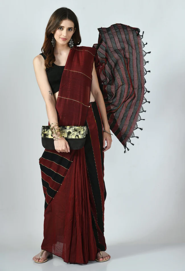 maroon black khesh saree with stripes