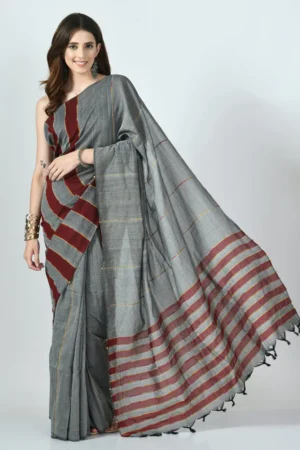 Misha Boutique Grey Khesh Cotton Saree With Stripes
