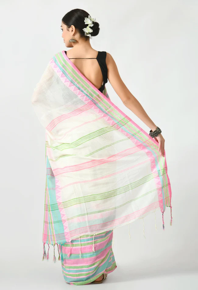 off white multicolor border begumpuri khadi cotton saree