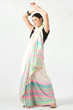 Mishaboutique Off White Multicolor Border Cotton Saree