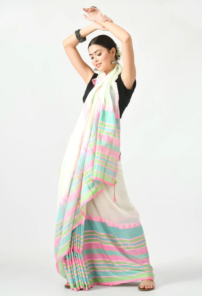 off white multicolor border begumpuri khadi cotton saree