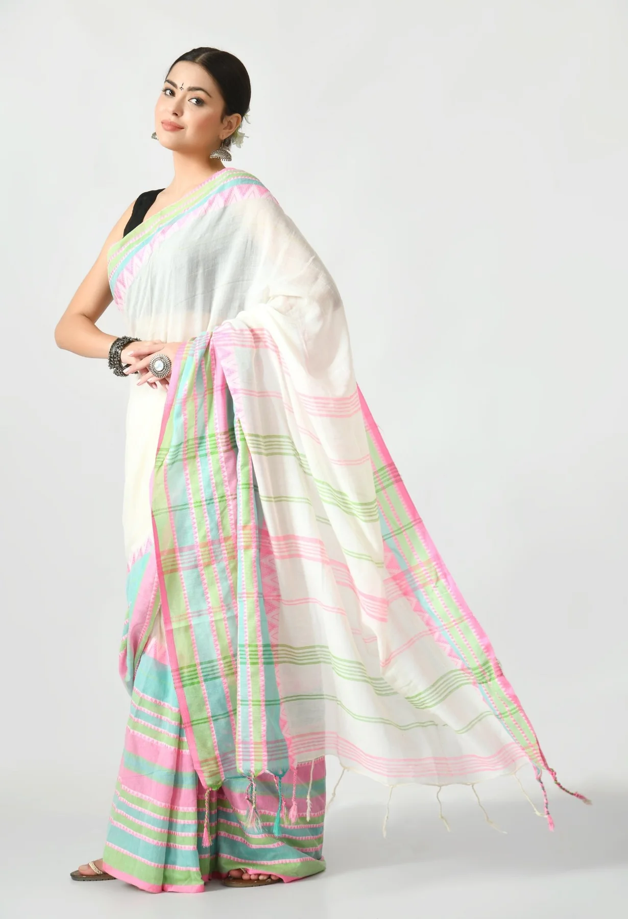 off white multicolor border begumpuri khadi cotton saree