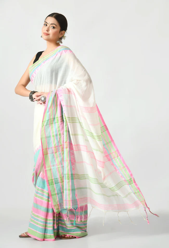 off white multicolor border begumpuri khadi cotton saree