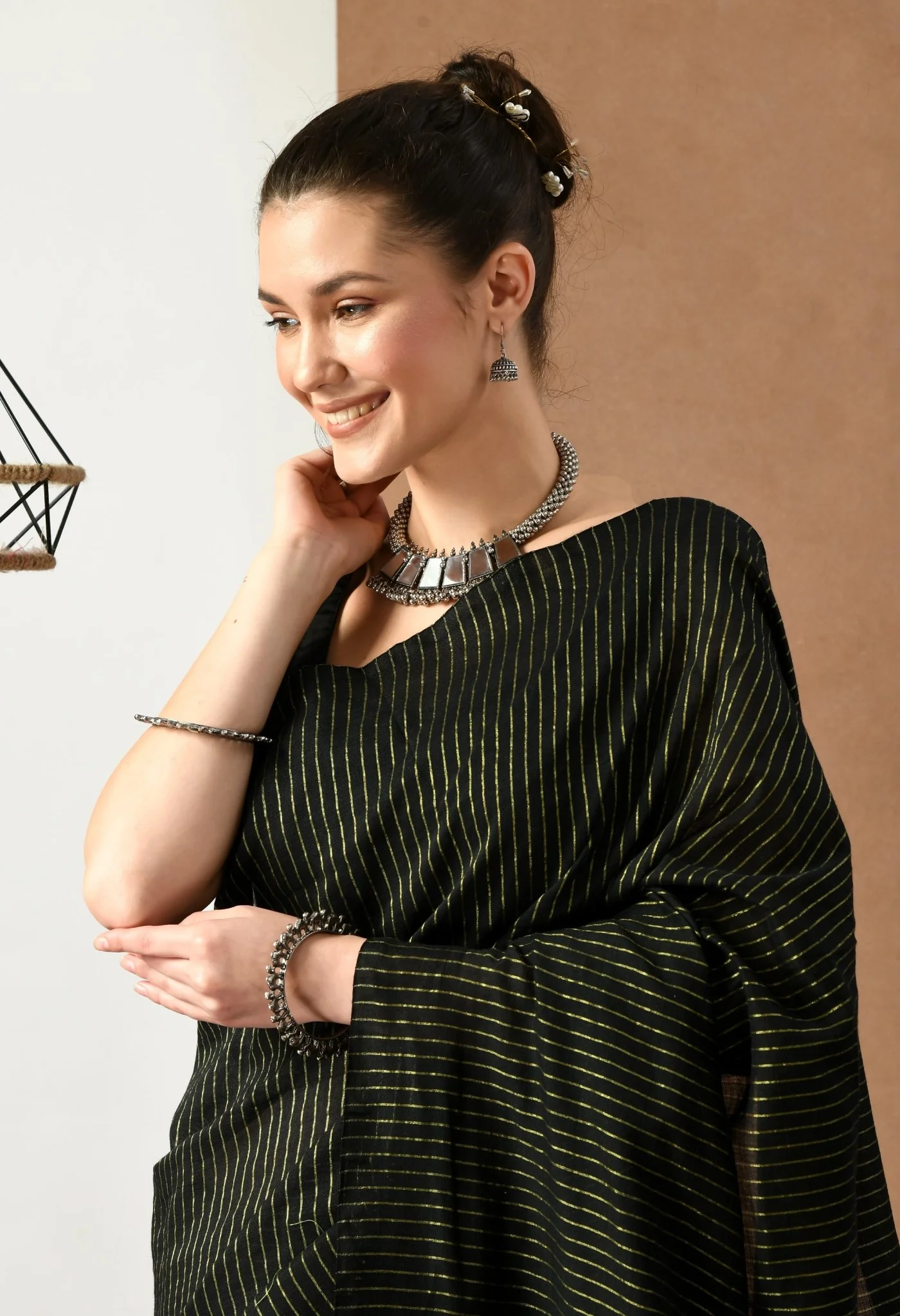 swapna creation black cotton with lurex stripe saree 208563