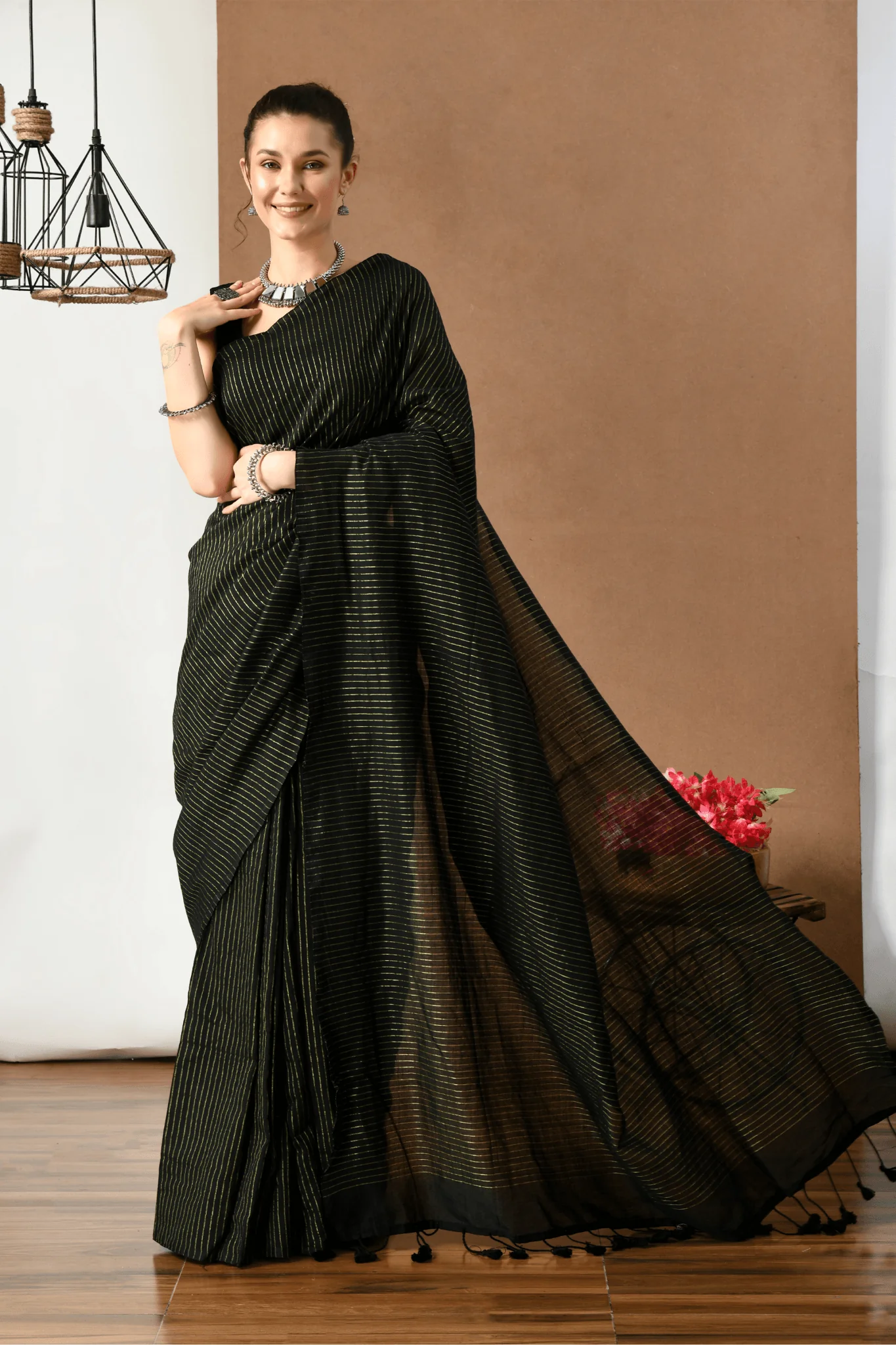 swapna creation black cotton with lurex stripe saree 559954