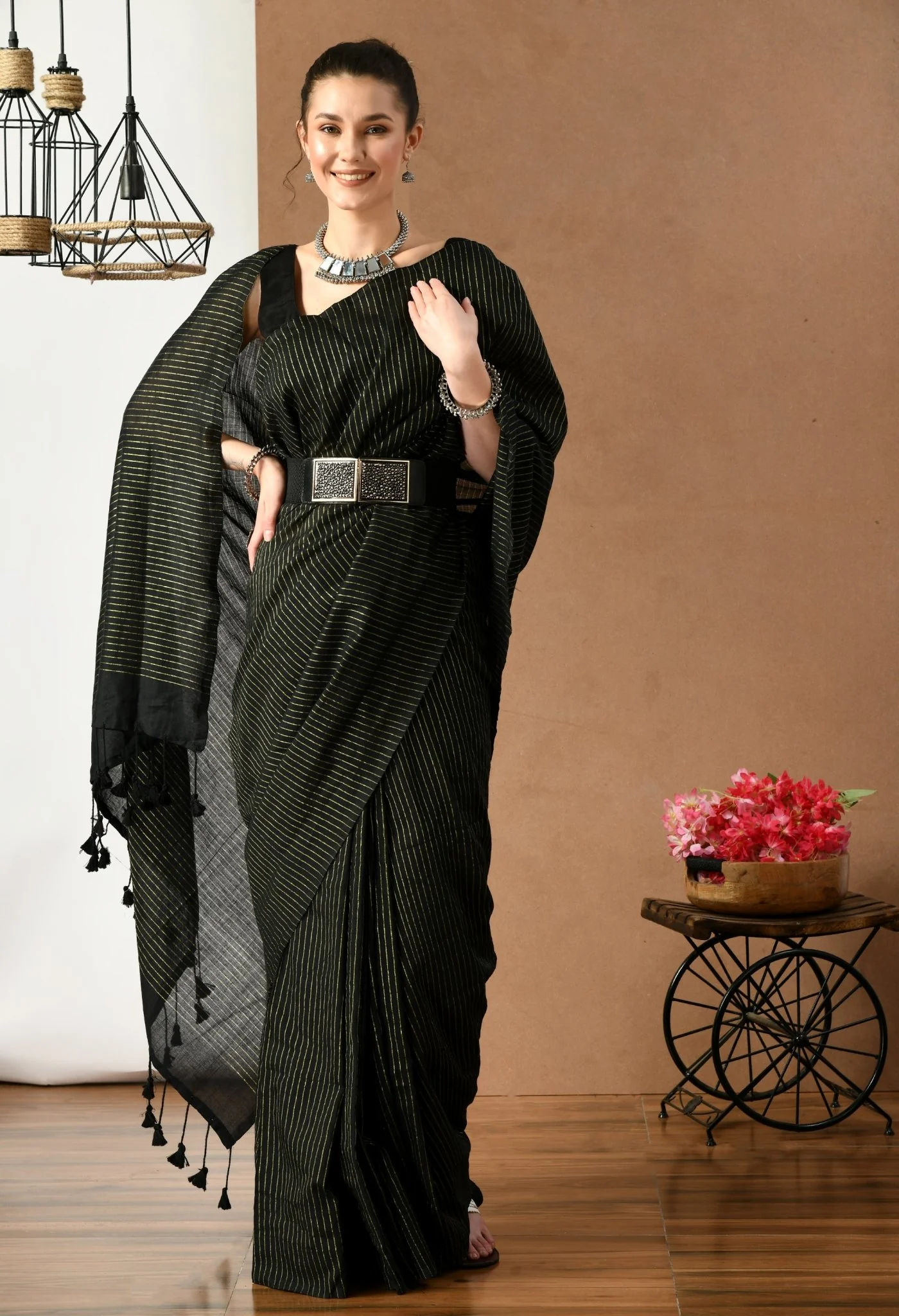 swapna creation black cotton with lurex stripe saree 713217