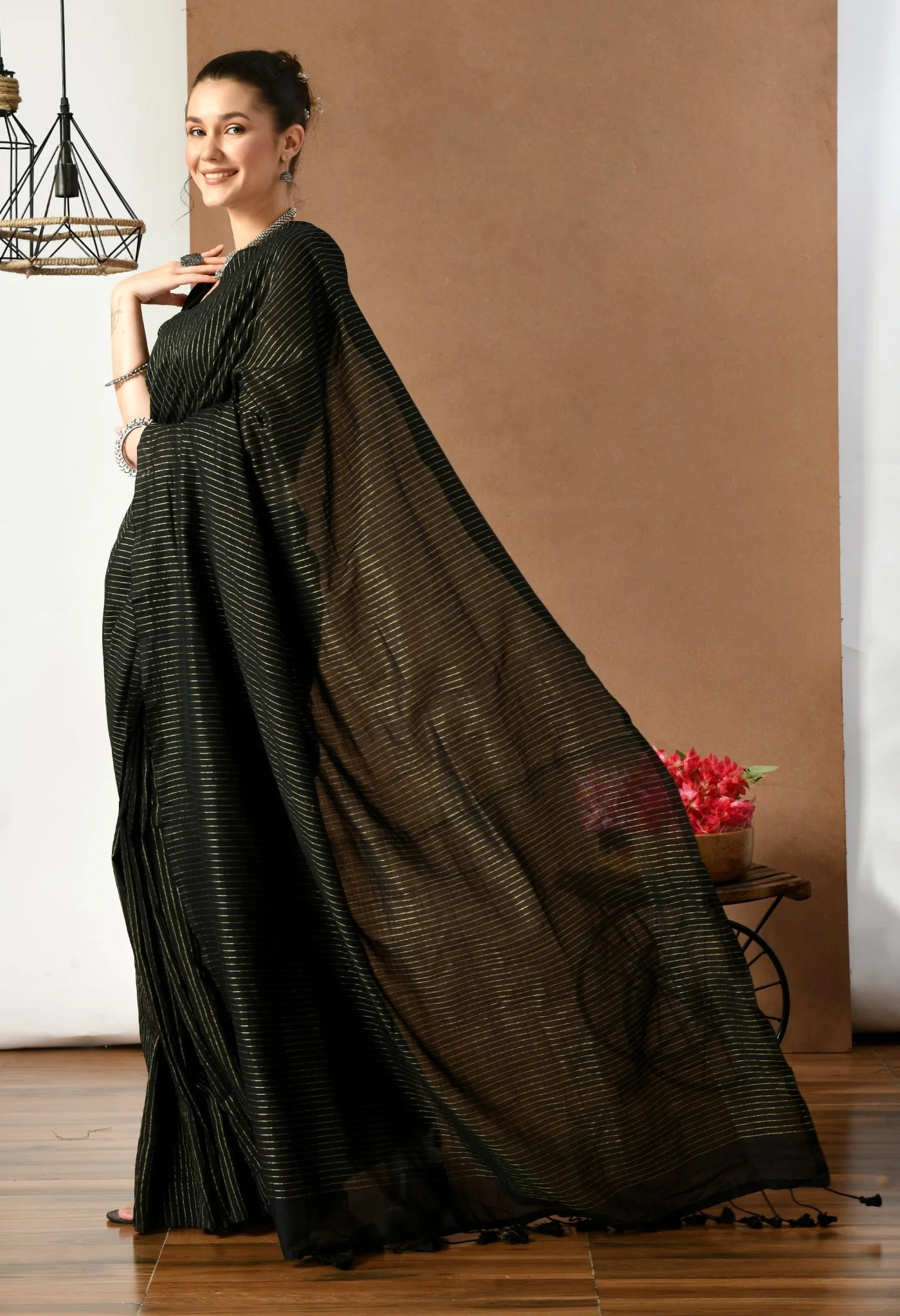swapna creation black cotton with lurex stripe saree 964302