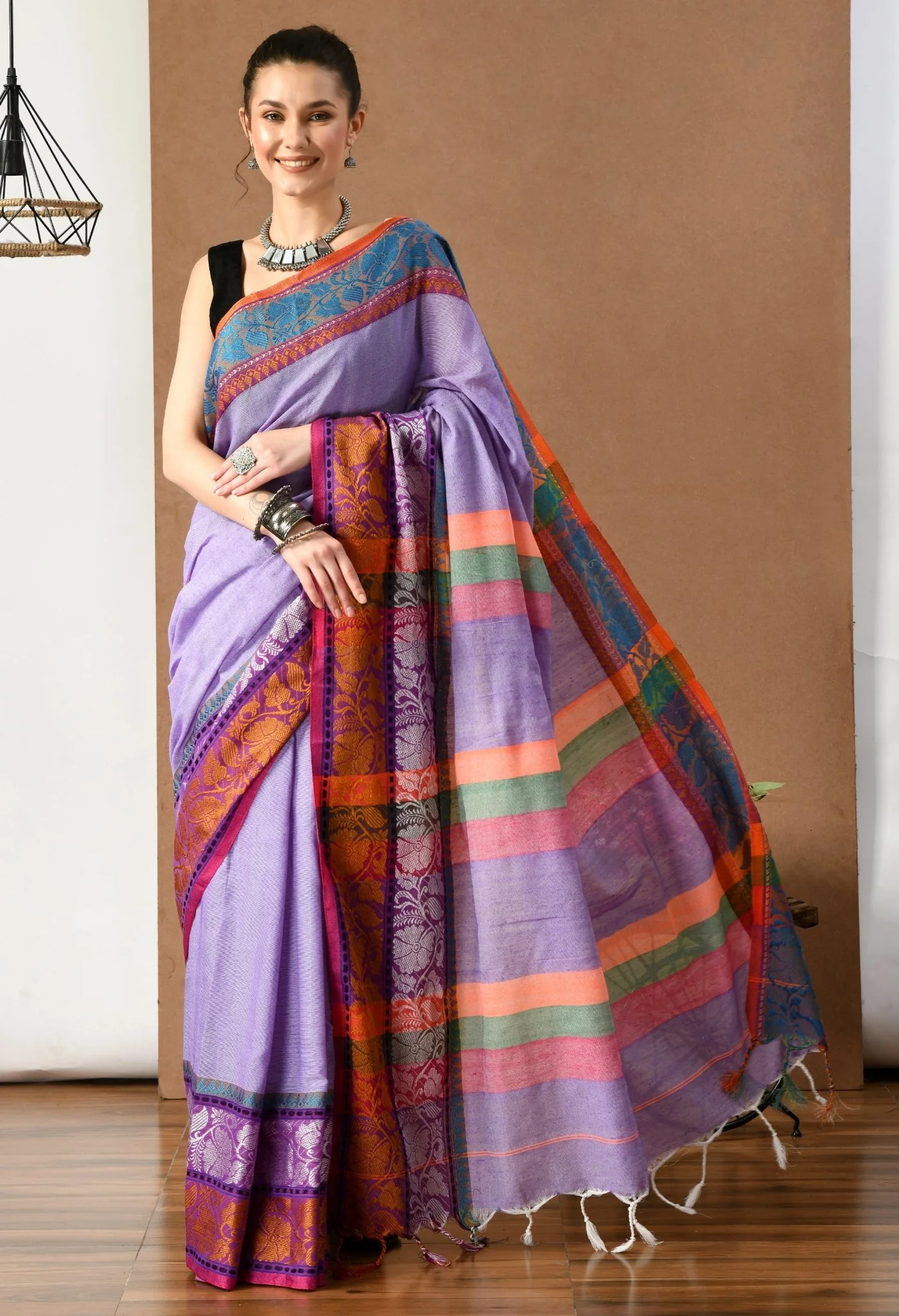 swapna creation purple khadi cotton saree with multi color pallu 652146