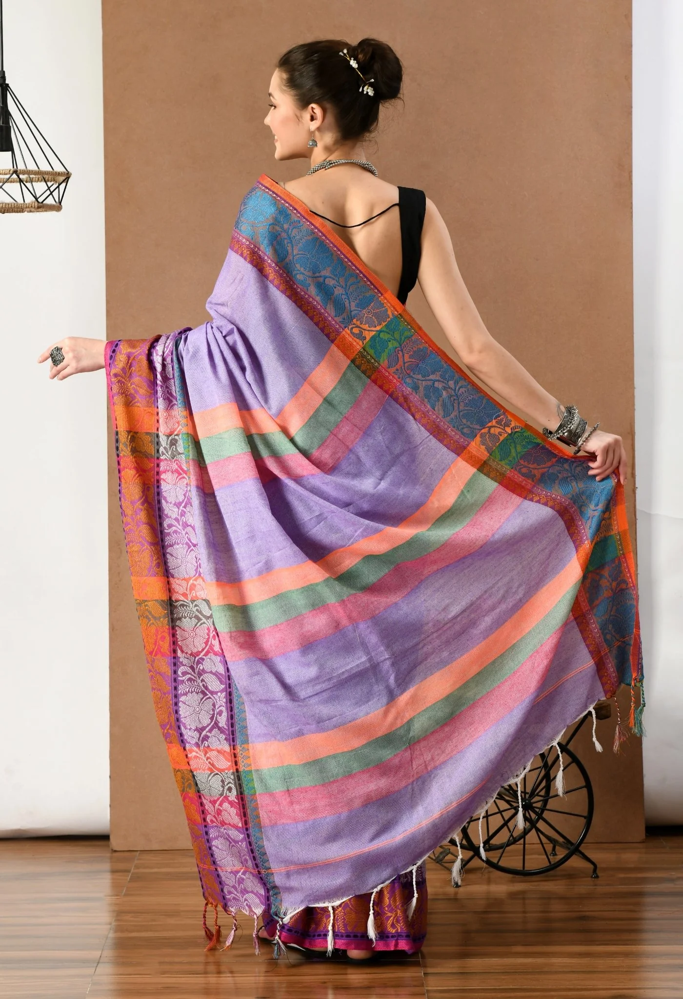 swapna creation purple khadi cotton saree with multi color pallu 925798