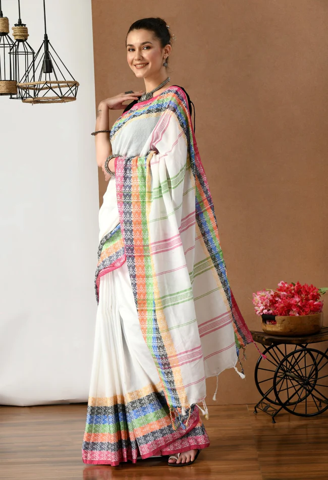 swapna creation white with multicolor border begumpuri khadi cotton saree
