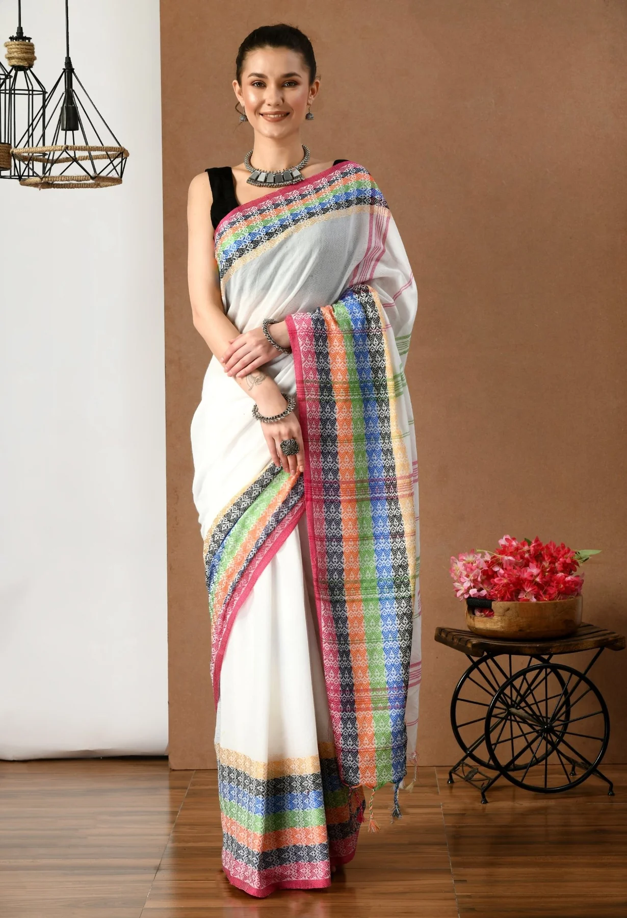 swapna creation white with multicolor border begumpuri khadi cotton saree