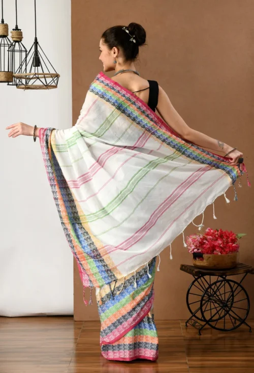 swapna creation white with multicolor border begumpuri khadi cotton saree