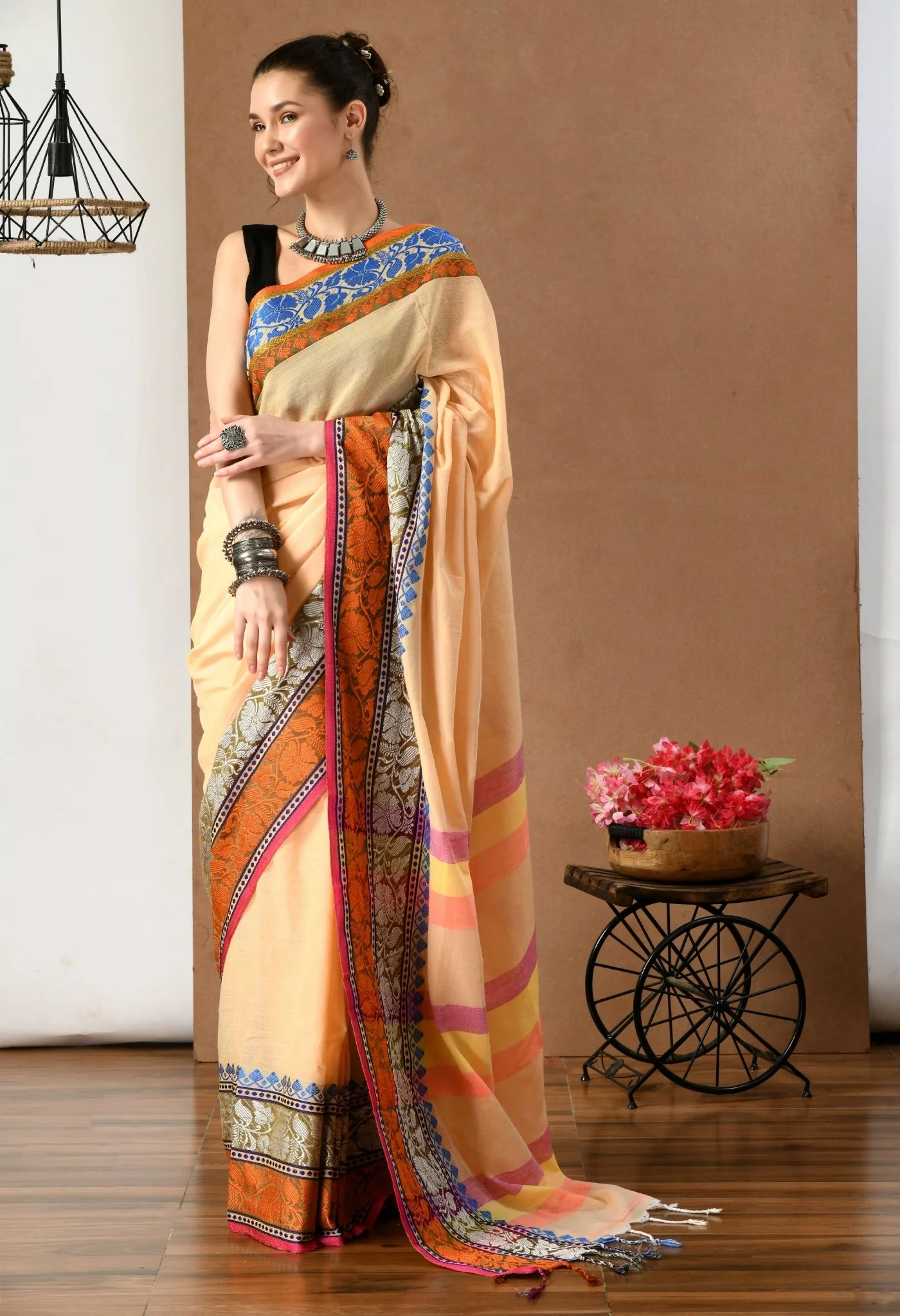 swapna creation yellow khadi cotton saree with multi color pallu 431987
