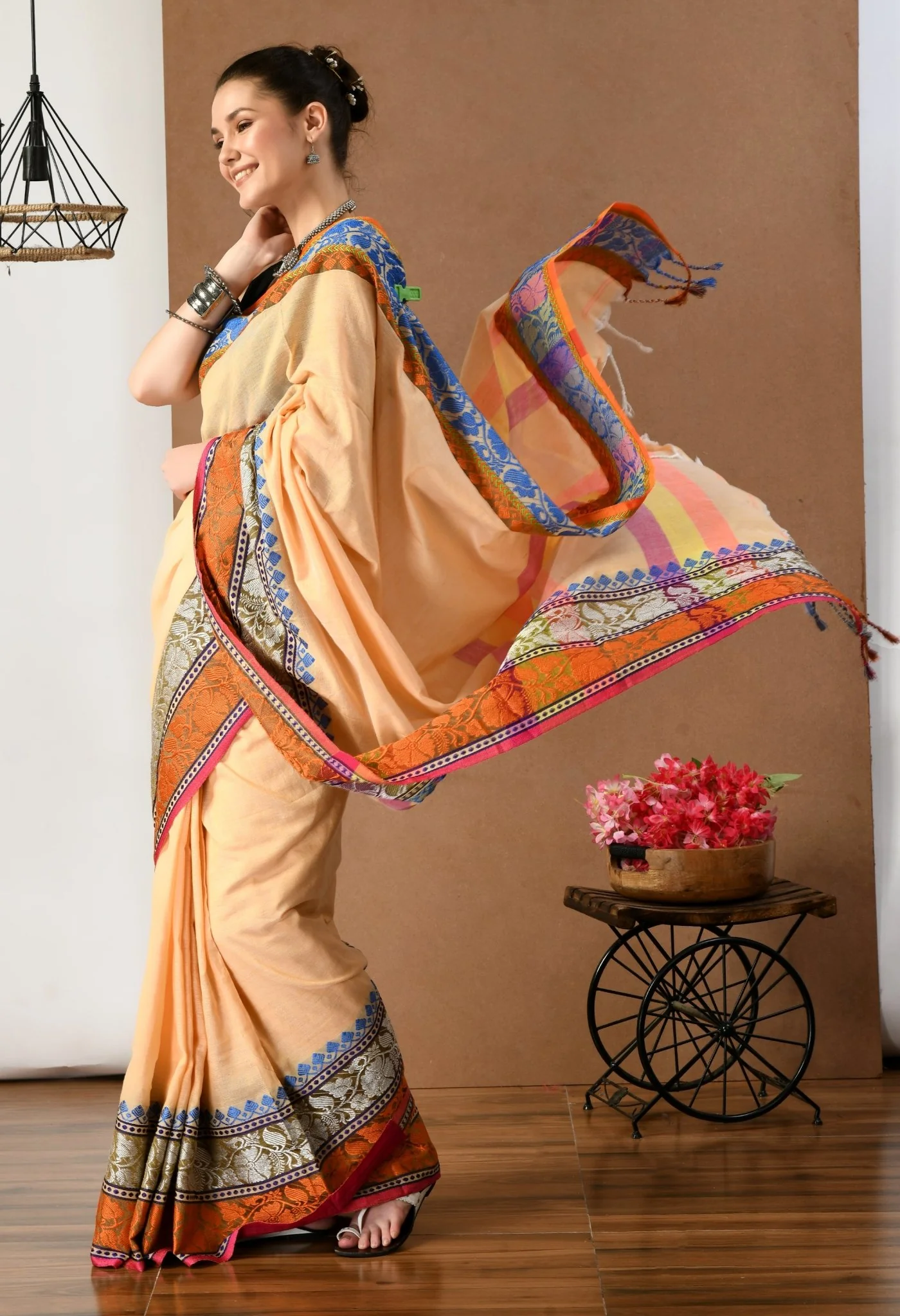 swapna creation yellow khadi cotton saree with multi color pallu 566696