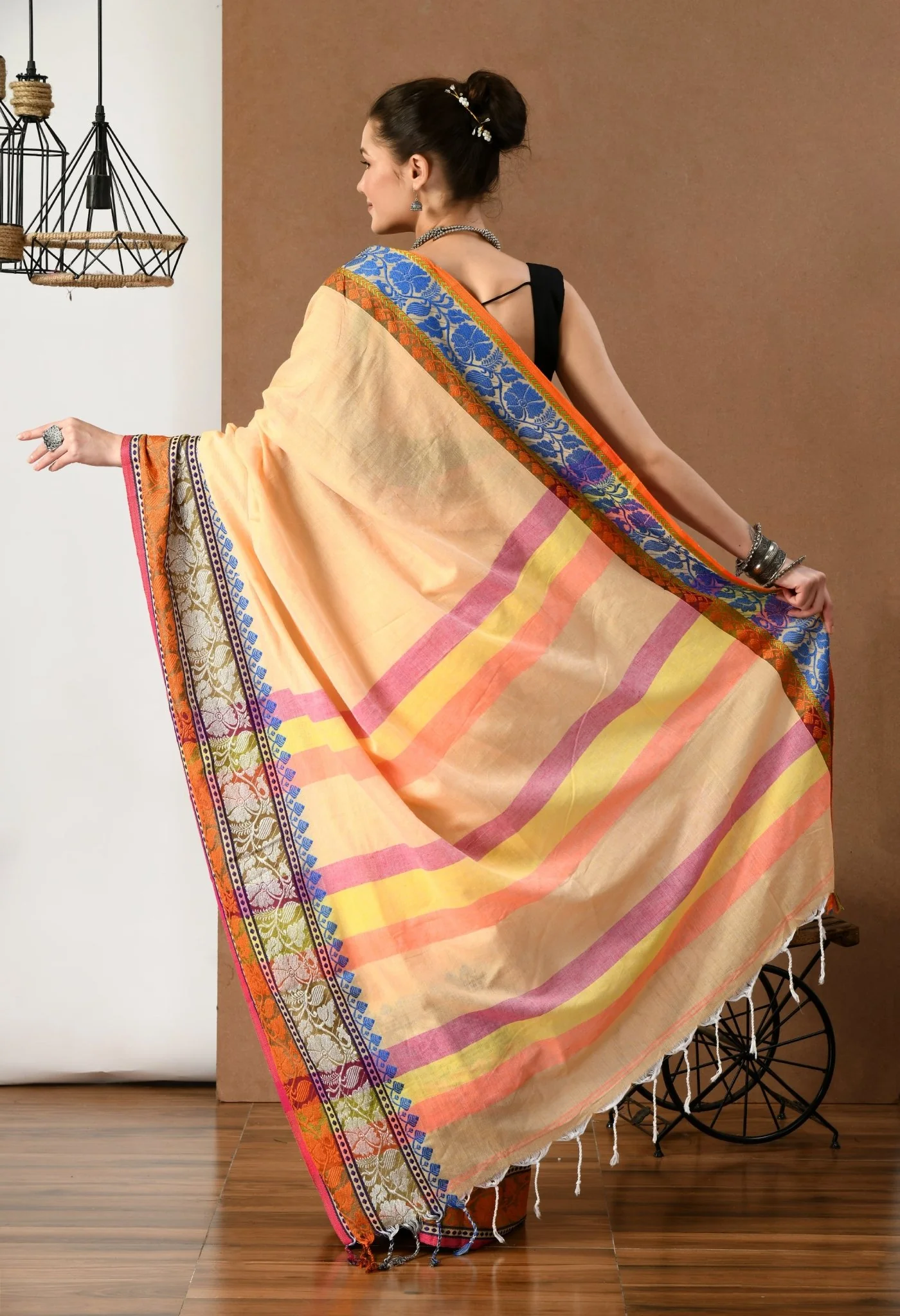 swapna creation yellow khadi cotton saree with multi color pallu 716294