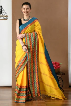 Yellow With Multicolor Border Khadi Cotton Saree