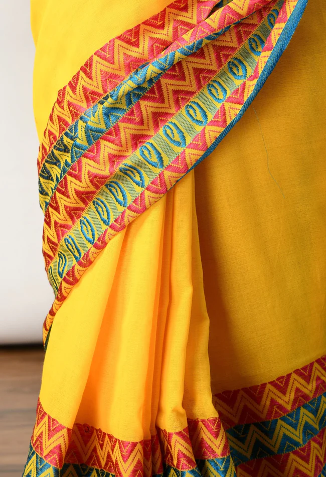 swapna creation yellow with multicolot border begumpuri khadi cotton saree