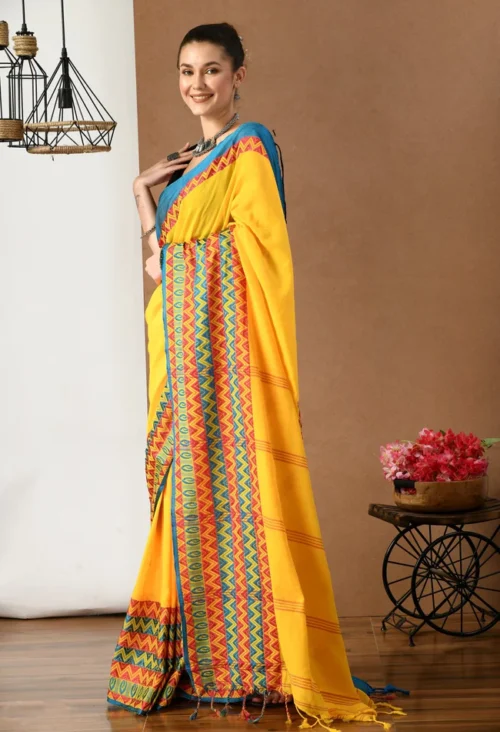 swapna creation yellow with multicolot border begumpuri khadi cotton saree