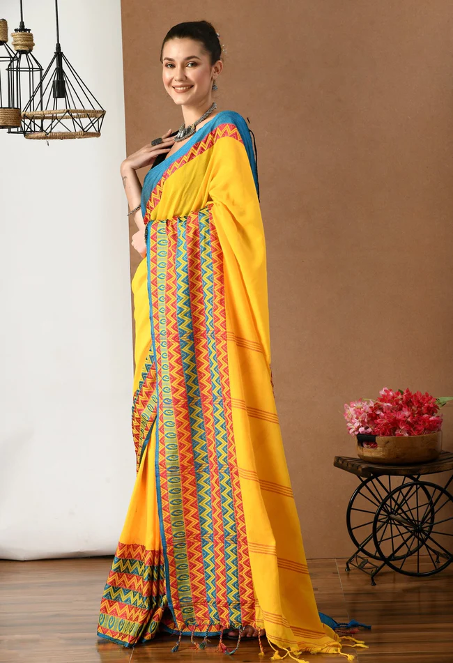 swapna creation yellow with multicolot border begumpuri khadi cotton saree