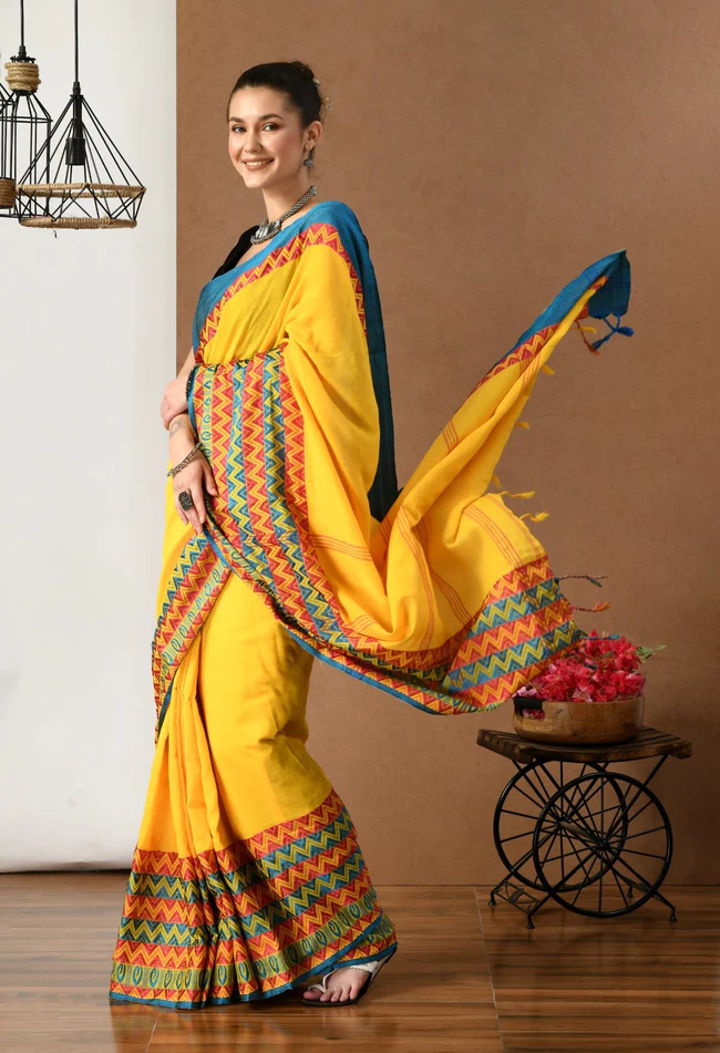 swapna creation yellow with multicolot border begumpuri khadi cotton saree