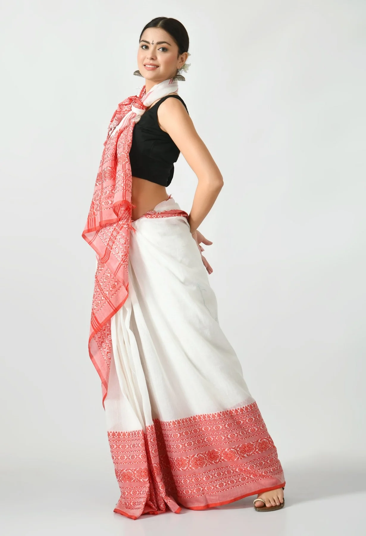 white with red border begumpuri khadi cotton saree