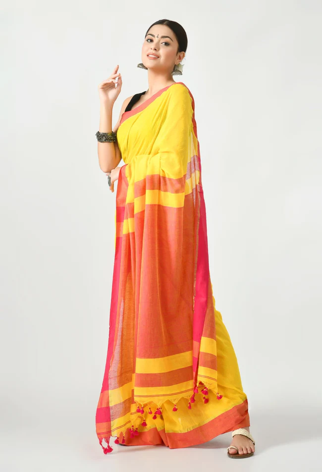 yellow bengal mal cotton with contrast pallu and border saree