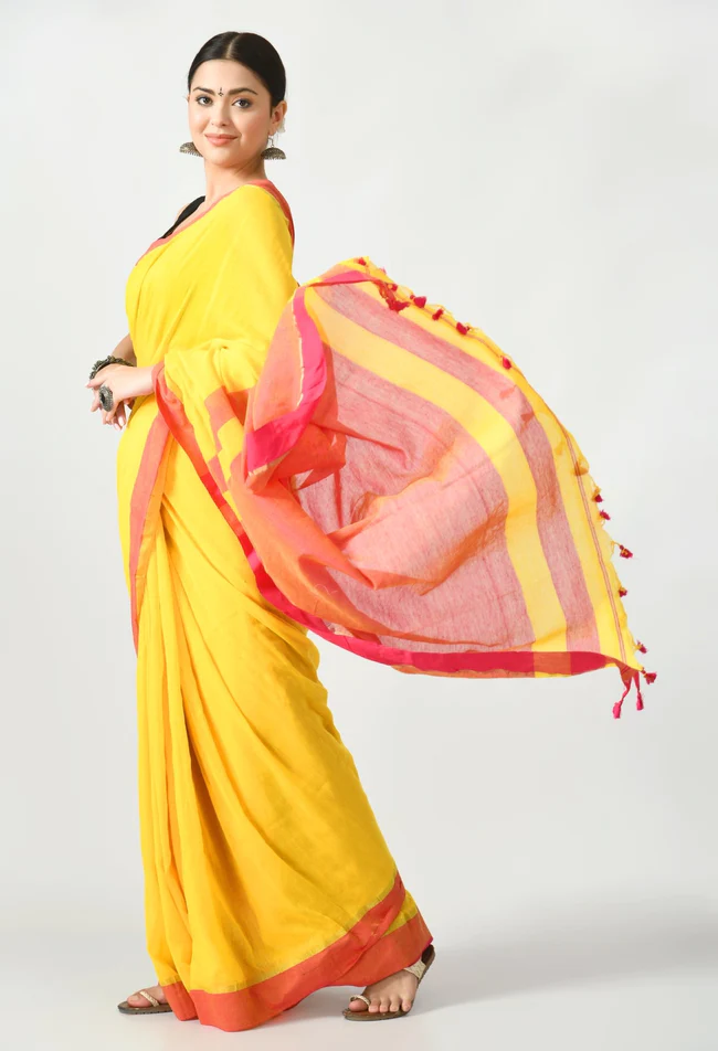 yellow bengal mal cotton with contrast pallu and border saree