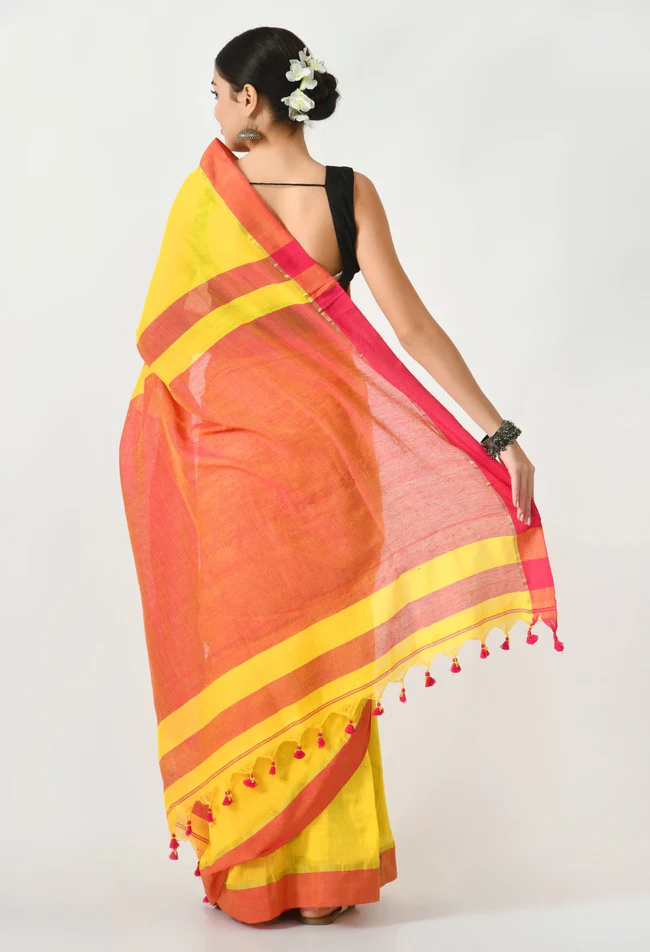 yellow bengal mal cotton with contrast pallu and border saree