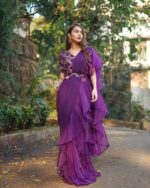 Premium Quality Rose Pink Ruffle Saree