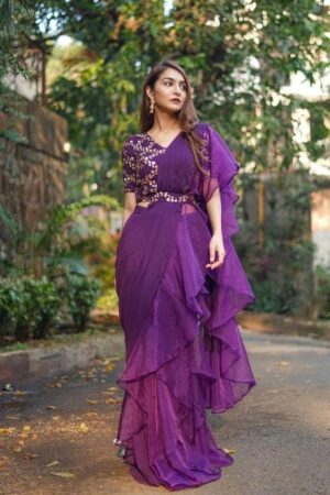 Premium Quality Rose Pink Ruffle Saree