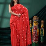 Premium Quality Handloom Cotton Red Saree With Floral Design