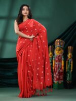 Premium Quality Handloom Cotton Red Saree With Floral Design