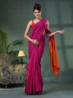 Pink and Orange Handloom Plain Cotton Saree