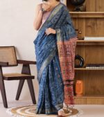 Premium Blue Cotton Printed Ready To Wear one Minute Saree
