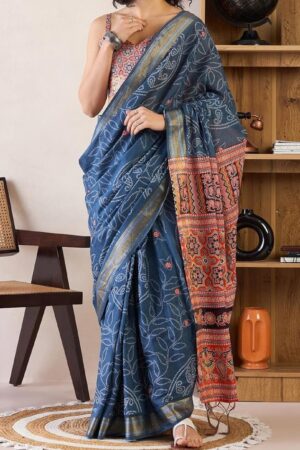 Premium Blue Cotton Printed Ready To Wear one Minute Saree