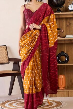 Premium Red & Yellow Cotton Printed Ready To Wear one Minute Saree