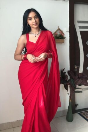 Premium Red Plain Georgette Ready To Wear one Minute Saree