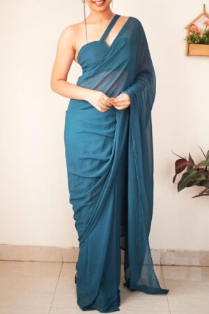 Premium Light Green Georgette Ready To Wear one Minute Saree