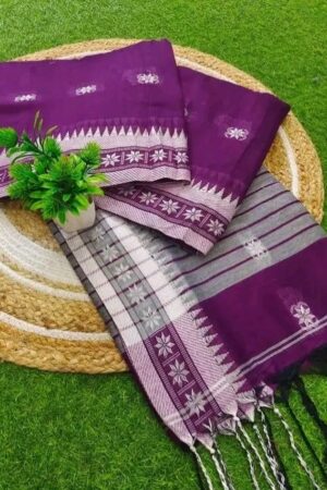 Premium Quality Traditional  Purple Color Begumpuri Handloom Cotton Sarees With Unstitched Blouse Piece