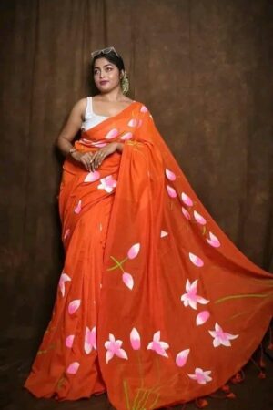 Premium Quality Exclusive Traditional Orange colour Begumpuri Handloom Cotton Sarees With Unstitched Blouse Piece