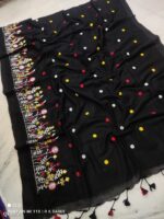 Premium Quality Black Color Handloom Handwoven Cotton Sarees With Floral Border