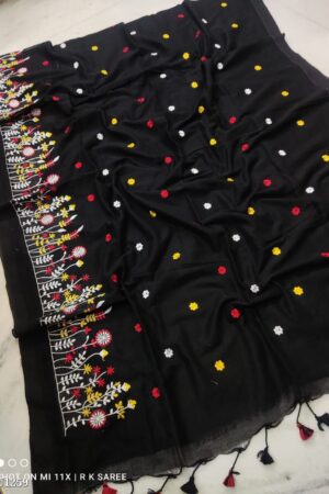 Premium Quality Black Color Handloom Handwoven Cotton Sarees With Floral Border