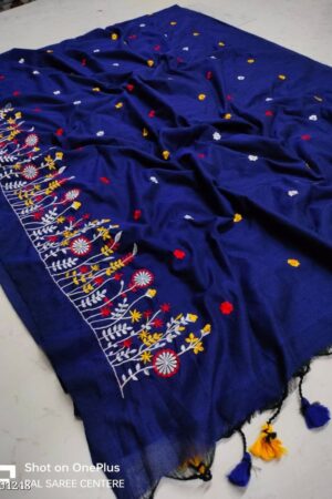 Premium Quality Nevy Blue Color Handloom Handwoven Cotton Sarees With Floral Border